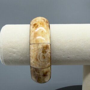 Vintage Inlaid Bone Brass Wide Bangle Bracelet Chunky Boho MCM Natural Patina